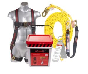 KStrong® 50 ft. Roofers Kit with Elite 5-Point MB Leg Harness Size L-XL, Rope, Manual Rope Grab Assembly, Reusable Roof Anchor, Bucket and Lid